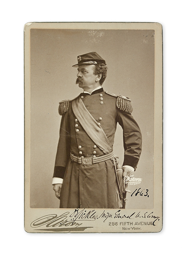 (CIVIL WAR.) SICKLES, DANIEL E. Photograph dated and Signed, DESickles, Major General U.S. Army,